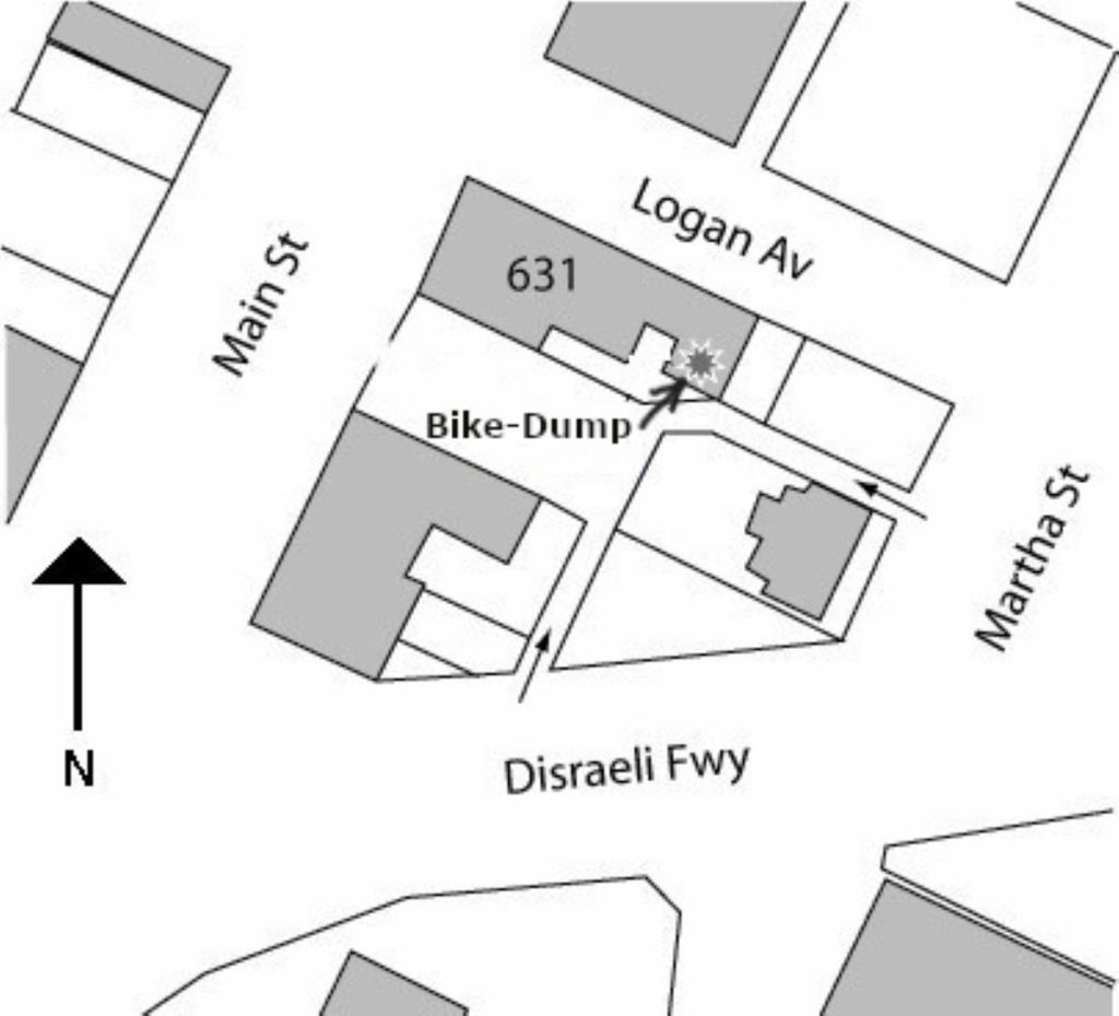 Map of the Bike Dump's location near the intersection of Logan Avenue and Martha Street